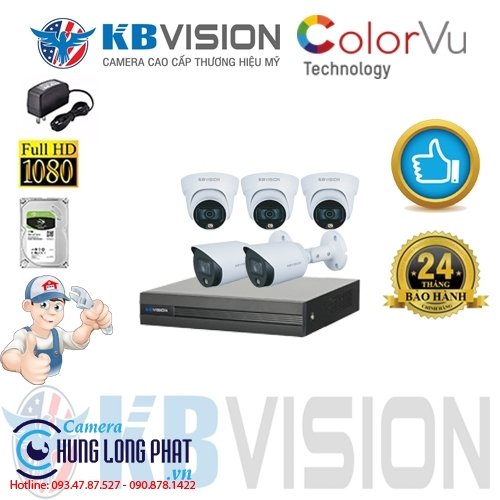 TRỌN BỘ 5 CAMERA QUAN SÁT KBVISION FULL COLOR 2.0 MPX