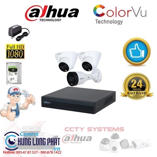 TRỌN BỘ 3 CAMERA IP DAHUA 2.0 MPX CÓ MÀU 24/24