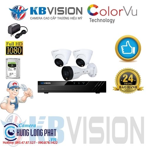 TRỌN BỘ 3 CAMERA IP KBVISION 2.0 MPX CÓ MÀU 24/24