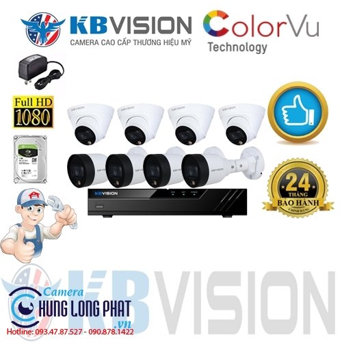 TRỌN BỘ 8 CAMERA IP KBVISION 2.0 MPX CÓ MÀU 24/24