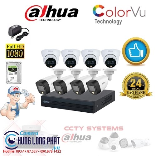 TRỌN BỘ 8 CAMERA QUAN SÁT DAHUA FULL COLOR 2.0 MPX